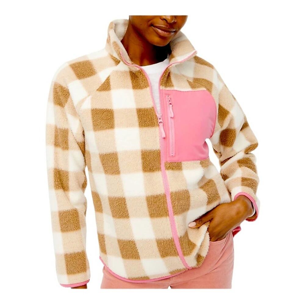 J Crew Tan Checkered Full Zip Sherpa Jacket with Pink Detail Medium - Picture 10 of 10